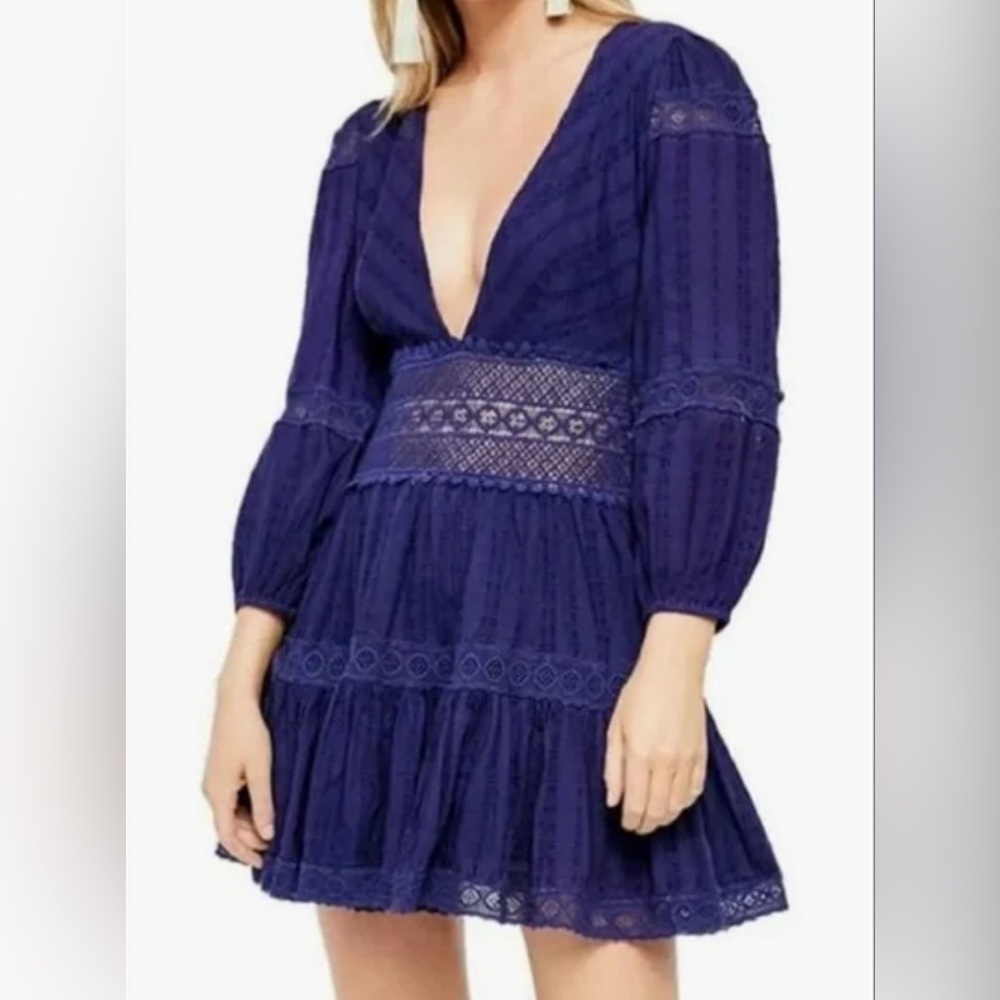 Free People Delightful Crochet Navy Blue Mini Dress